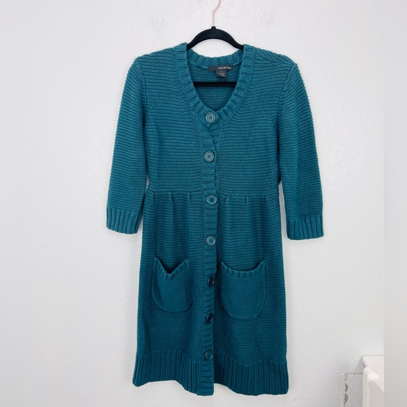 Calvin Klein Jeans Y2K Teal Chunky Knit Baby Doll Midi Cardigan Sweater - Picture 2 of 6
